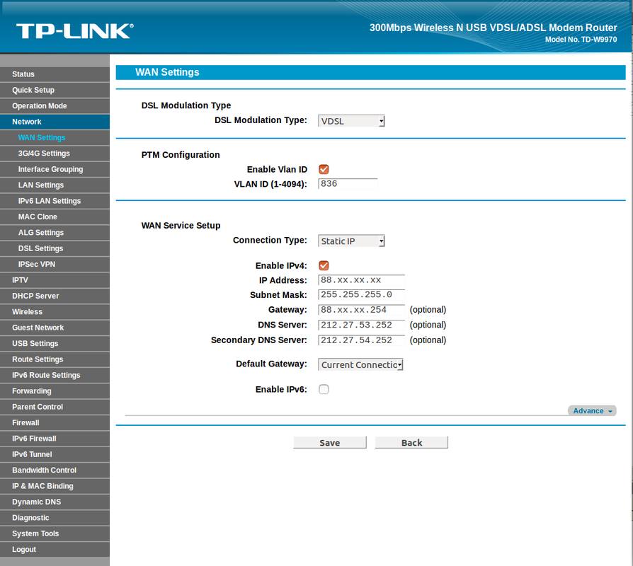 Configuration modem VDSL TP-LINK avec une IP fixe
