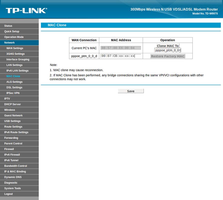 Clonage d'adresse MAC sur modem/router TP-LINK