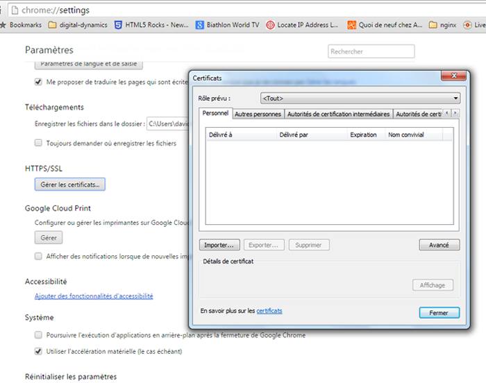 Import du certificat dans Google Chrome